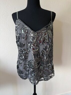 EUC WHITE HOUSE BLACK MARKET Women's Gray Sequin Floral Embellished Camisole MED